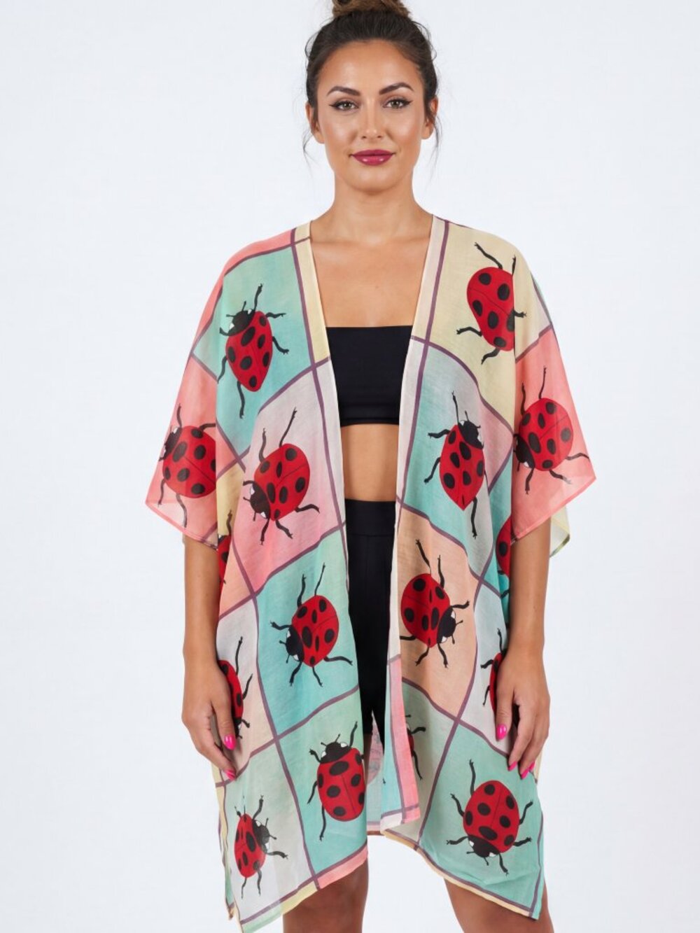 NWT Ladybug Print Cotton Kimono Cover Up One Size | Colorful Lightweight Duster